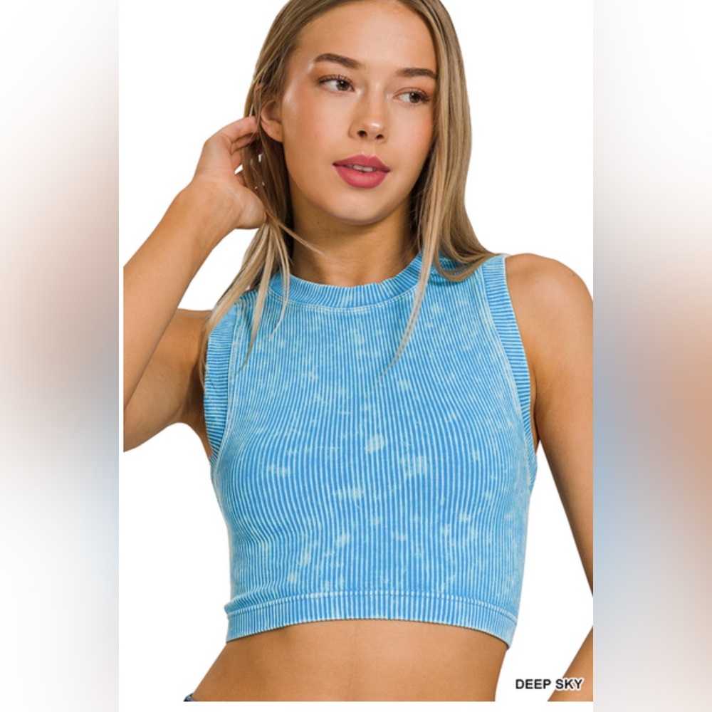Zenana Outfitters Deep Sky Blue Ribbed Crop Tank Small/Medium